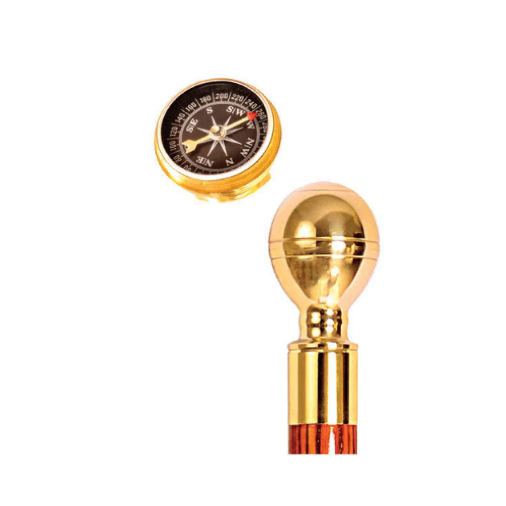 Wooden Walking Cane, Gold-Plated Brass Handle with Compass, 622