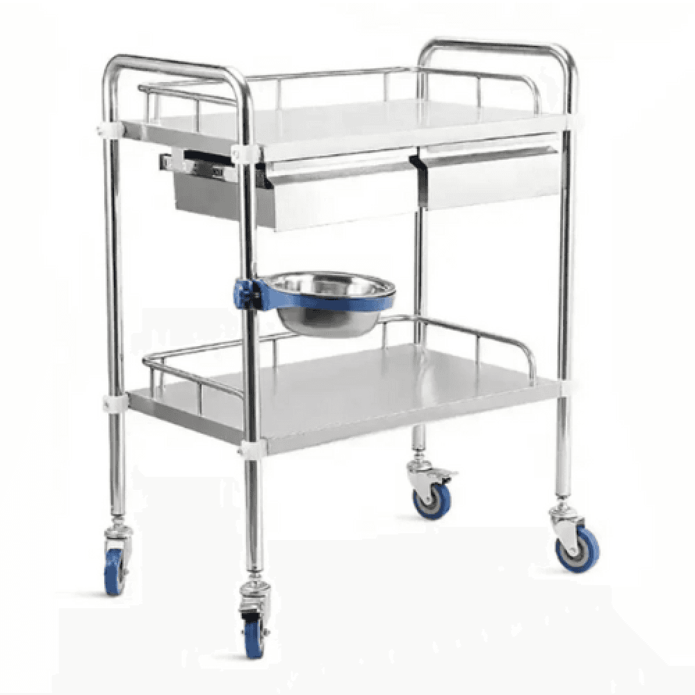 Medical Stainless Steel Trolley, With Drawers and Basin, 2 Shelves
