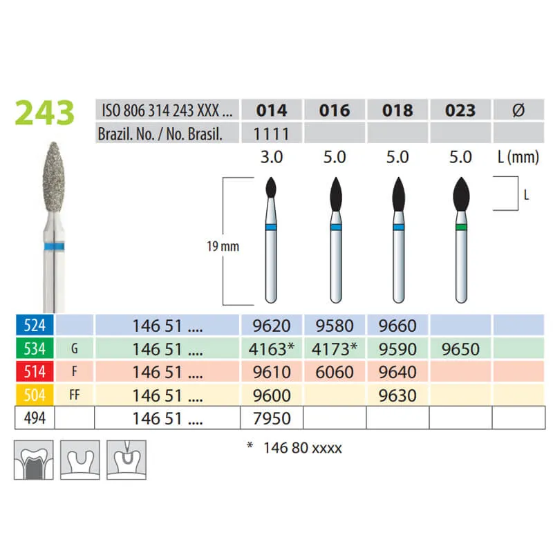 Diamond Burs, Flame, FG 243-016, Coarse
