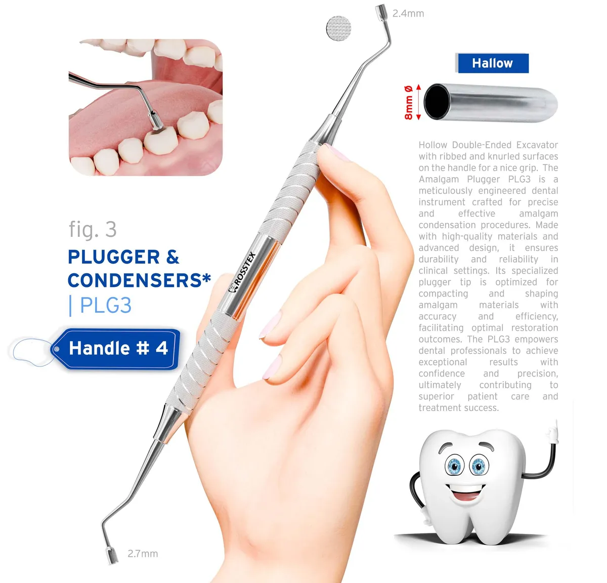 Dental Plugger/Condenser 3, Serrated, 2.4mm–2.7mm, Handle No. 4