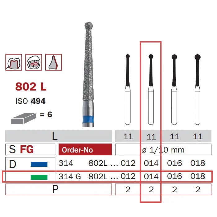 Diamond Bur, FG 014, Coarse, Long Neck Round ISO #494